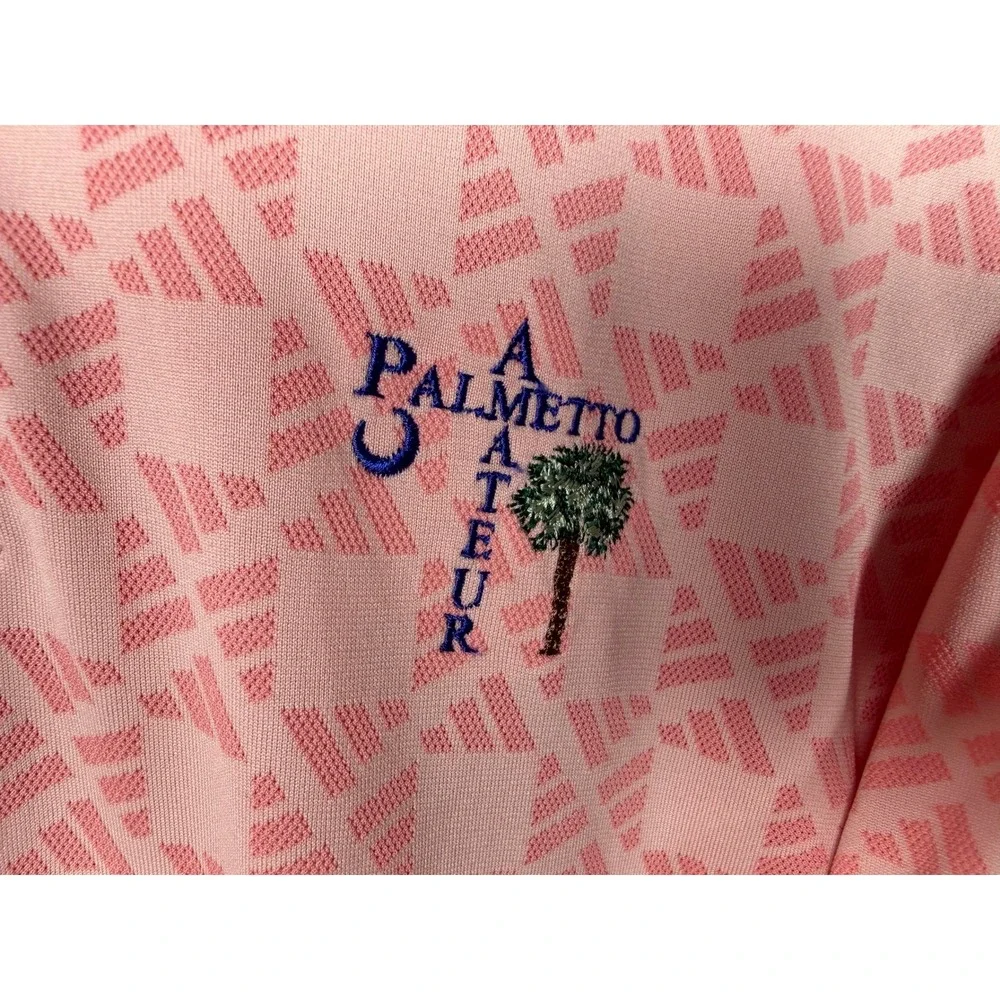 Adidas Mens Large Pink Palmetto Amateur Golf Polo Shirt Geometric Print Logo